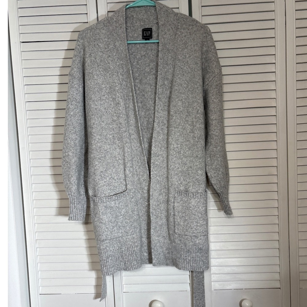 Gap Womens Light Gray Heathered Open Front Belted Cardigan Sweater XS Longline